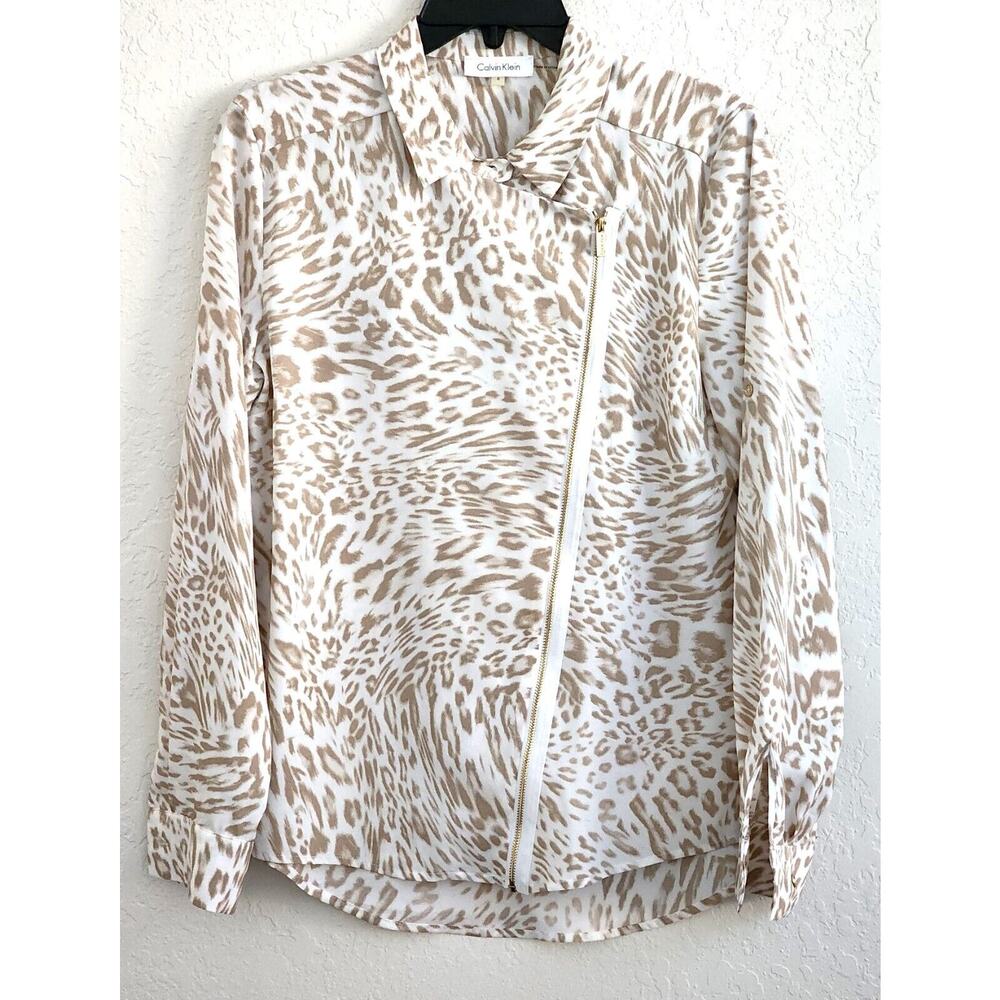 Top/Blouse-Calvin Klein-Gold-Cream-Front Diagonal Gold Zipper-Sleeve Roll Tab-SM